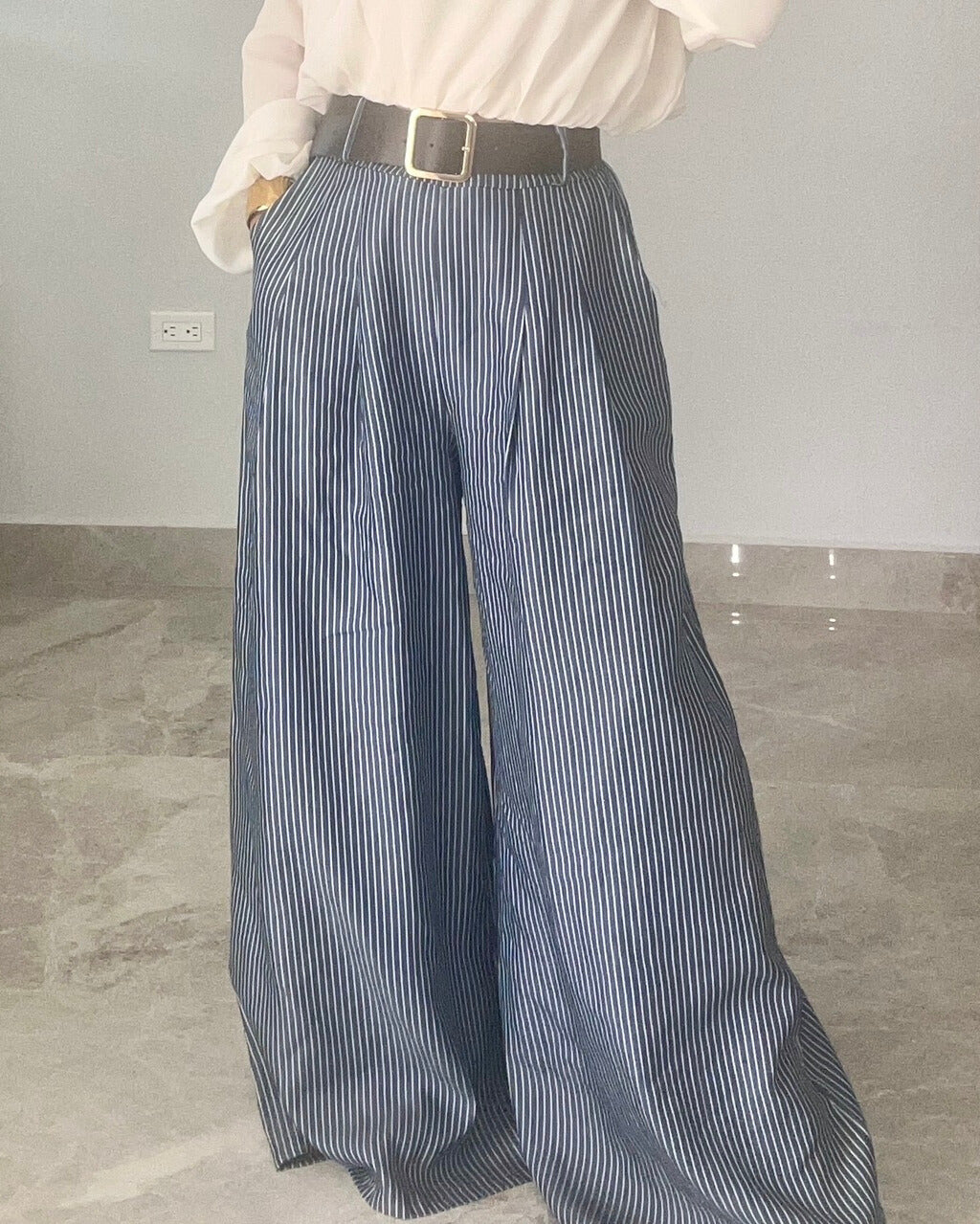 Vertical Stripe Wide Leg Pants-One Size